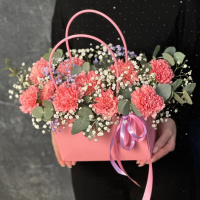 Букет_Розовые гвоздики в сумочке